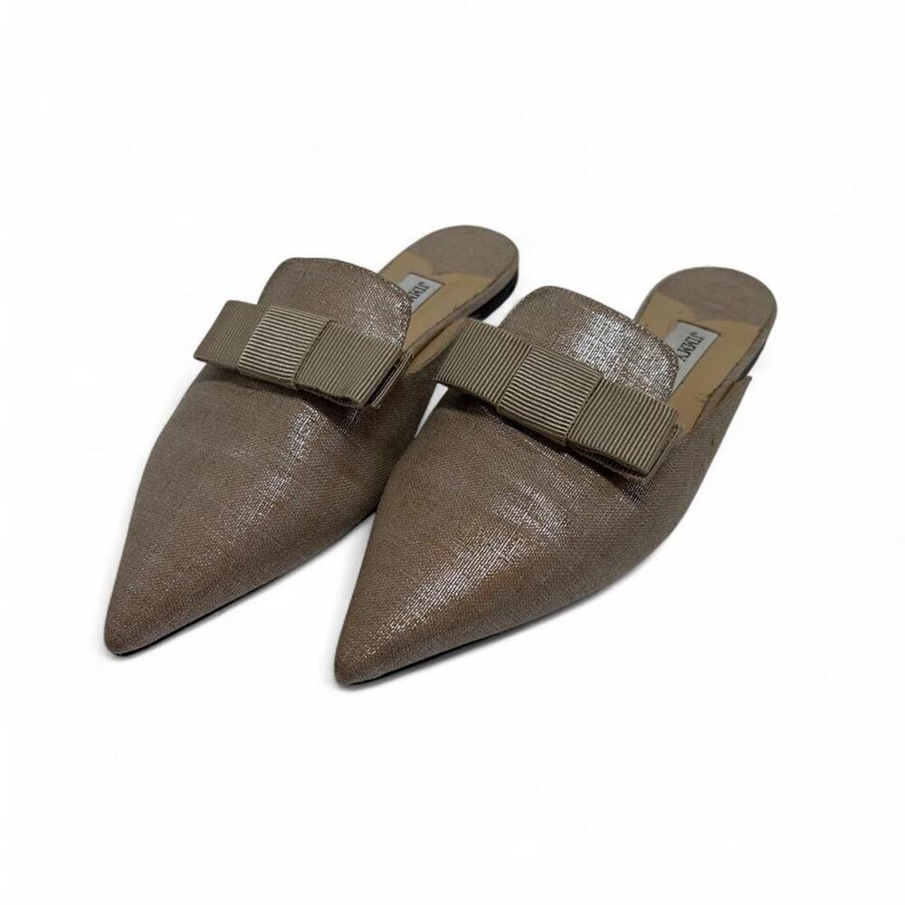 Jimmy Choo beige metallic canvas Galaxy bow flat mules, pointed toes, bow 9.5
